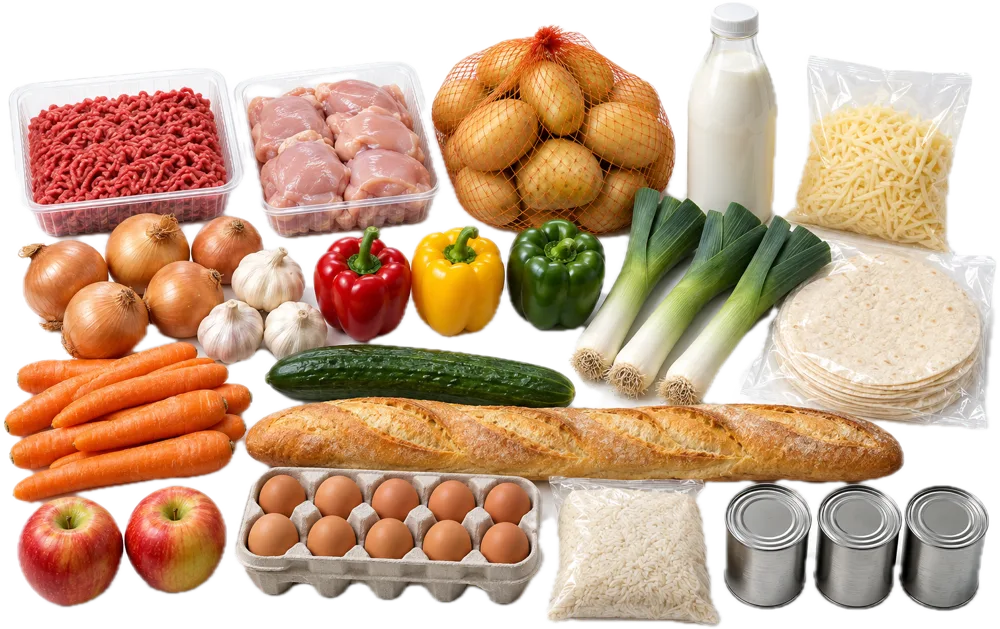 De boodschappen van week 1 zonder merkverpakking: gehakt, kip, aardappels, prei, paprika's, eieren, wraps en stokbrood