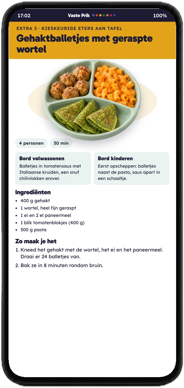 Kieskeurige eters aan tafel op een telefoon: gehaktballetjes met geraspte wortel, met een bord voor volwassenen en een bord voor kinderen