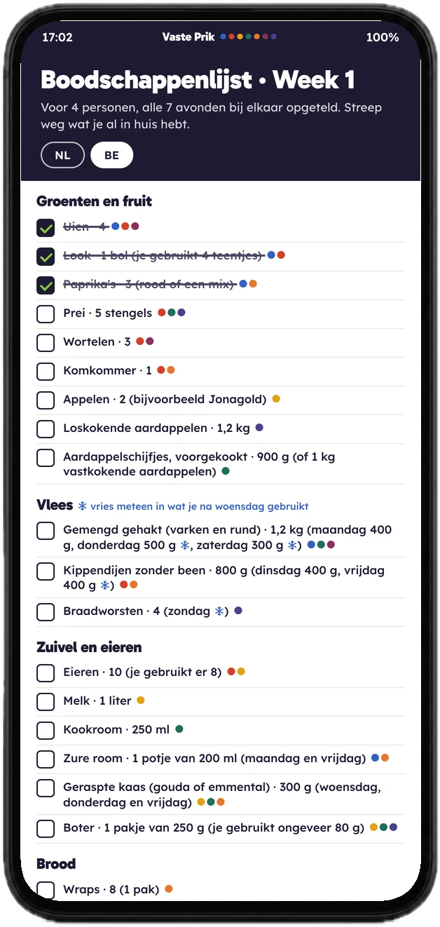 De Vlaamse boodschappenlijst van week 1 op een telefoon, met de eerste drie dingen al afgevinkt