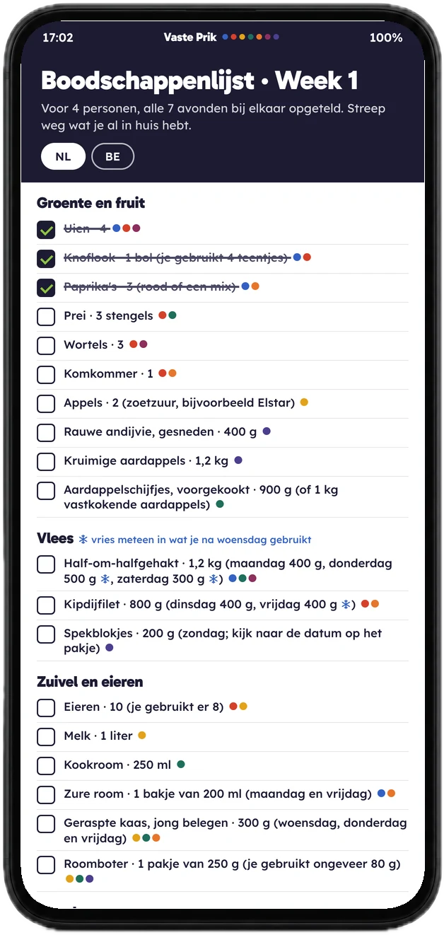 De boodschappenlijst van week 1 op een telefoon, met de eerste drie dingen al afgevinkt