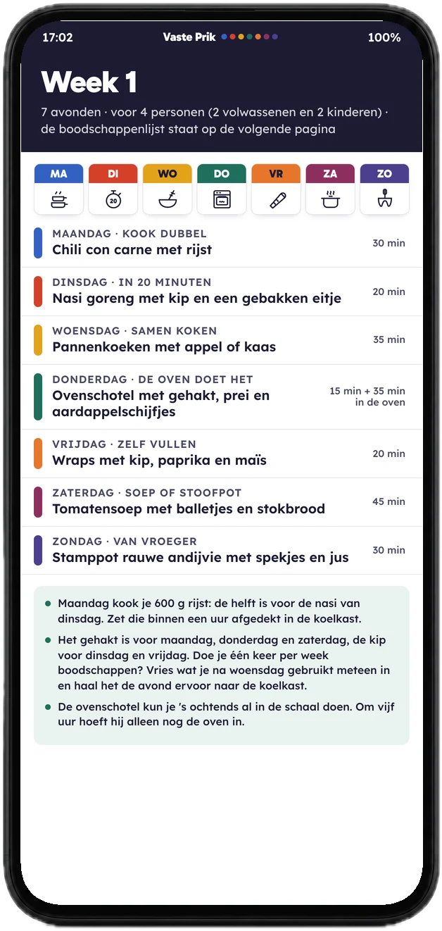 Week 1 in het weekmenu op een telefoon: de zeven dagkaarten en per avond het gerecht en de tijd