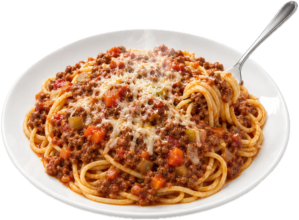 Spaghetti bolognaise met een dikke gehaktsaus en geraspte kaas
