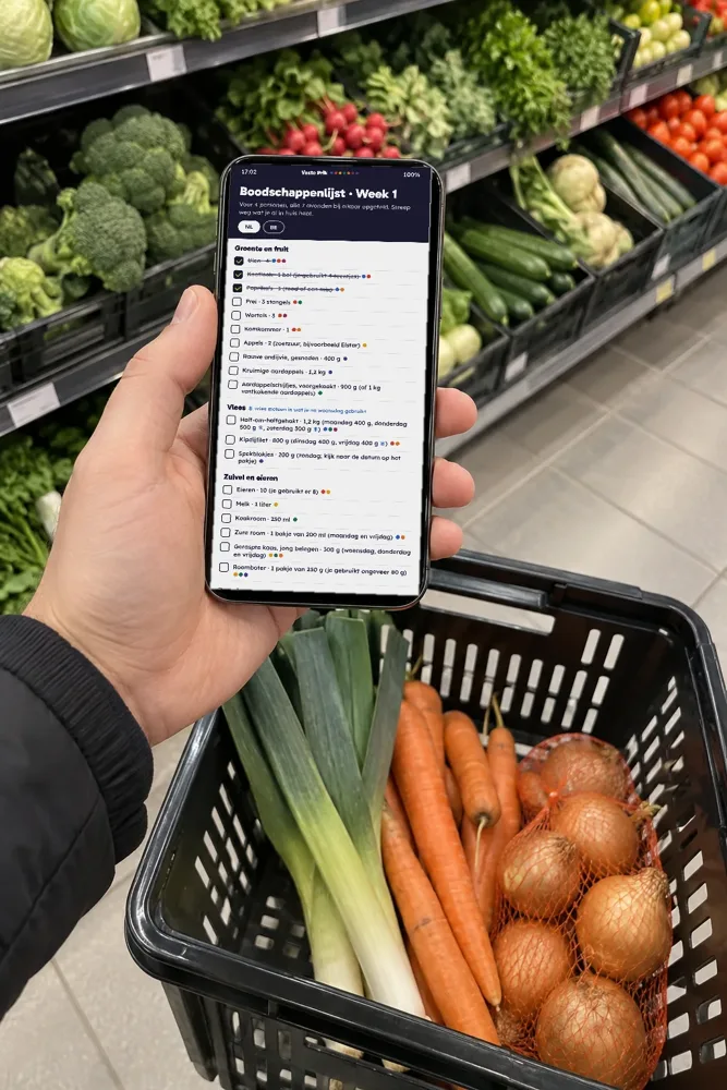 In de groenteafdeling: een hand met de boodschappenlijst van week 1 op de telefoon, en een mandje met prei, wortels en uien