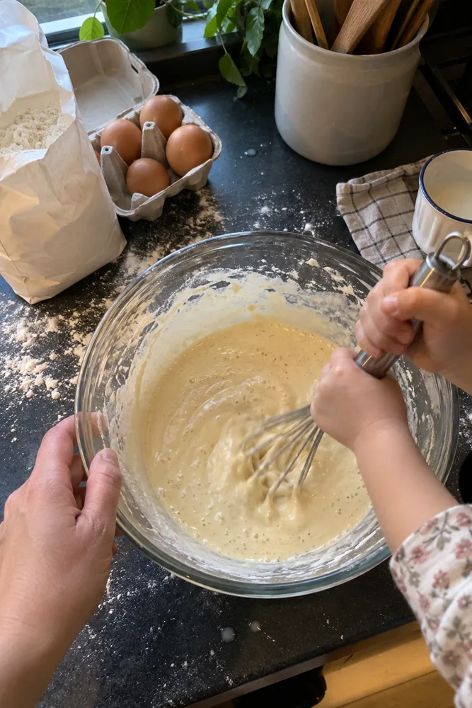 Kinderhanden kloppen pannenkoekbeslag in een grote glazen kom