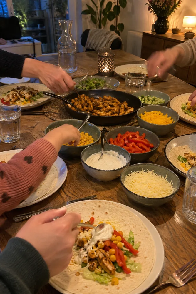 Vrijdagavond aan tafel: handen vullen hun eigen wraps met kip, paprika, maïs en kaas